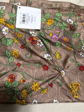 Coach Floral Print Brown Scarf with Multicolor Flowers